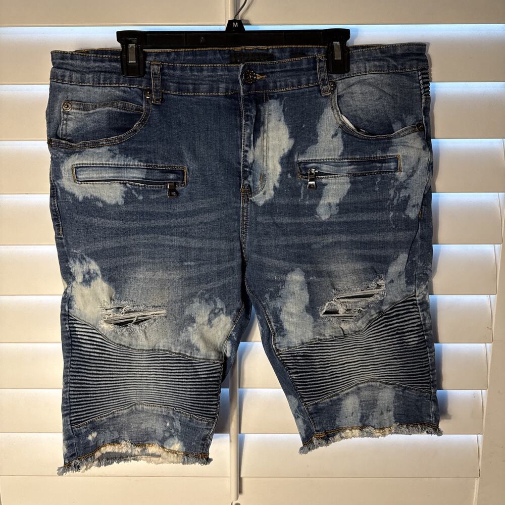 Decibel Men's Acid Wash Biker Denim Shorts Ripped Moto Jorts Size 38